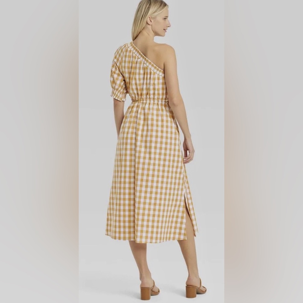 Who What Were Gingham One-Shoulder Maxi Dress in Mustard and White Size L New - Picture 3 of 4